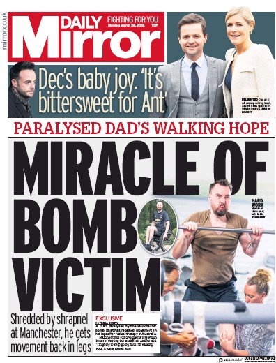 Daily Mirror Newspaper Front Page for 26 March 2018