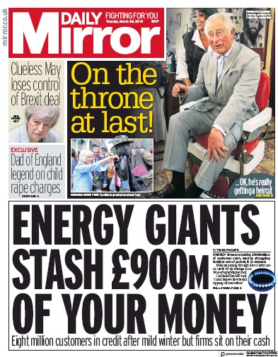 Daily Mirror Newspaper Front Page for 26 March 2019