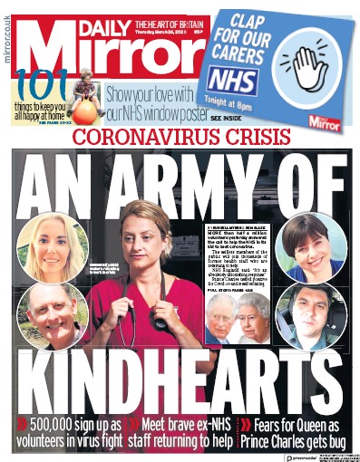 Daily Mirror Newspaper Front Page for 26 March 2020