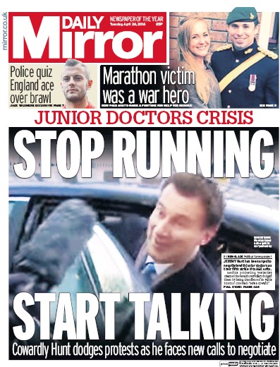 Daily Mirror Newspaper Front Page for 26 April 2016