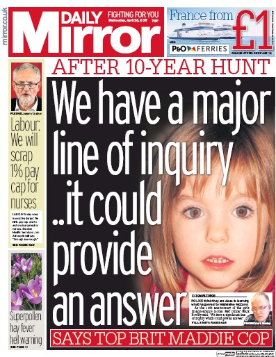Daily Mirror (UK) Newspaper Front Page for 26 April 2017