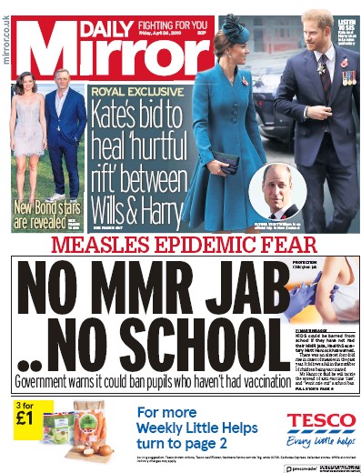 Daily Mirror Newspaper Front Page for 26 April 2019