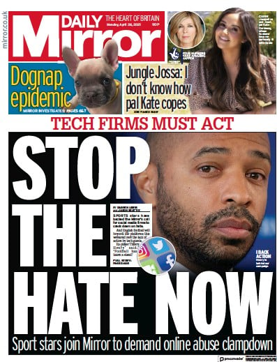 Daily Mirror (UK) Newspaper Front Page for 26 April 2021