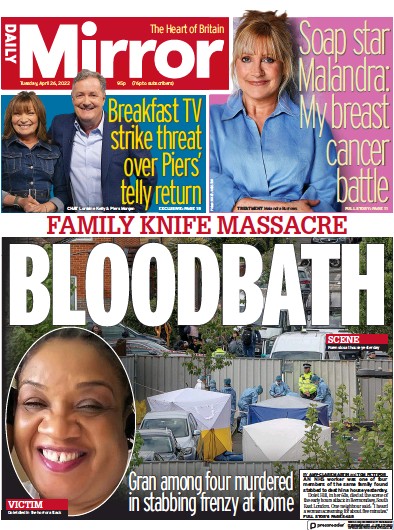 Daily Mirror Newspaper Front Page for 26 April 2022
