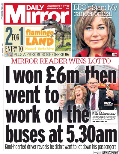 Daily Mirror Newspaper Front Page for 26 May 2016