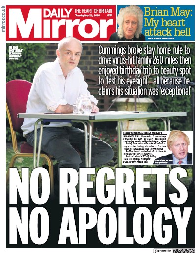 Daily Mirror Newspaper Front Page for 26 May 2020