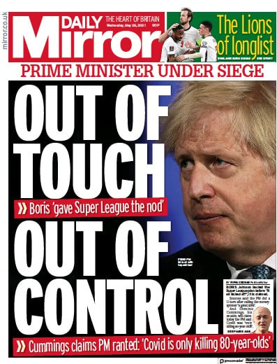 Daily Mirror Newspaper Front Page for 26 May 2021
