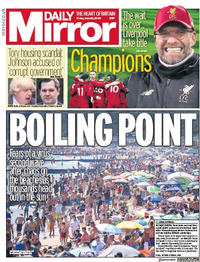 Daily Mirror Newspaper Front Page for 26 June 2020