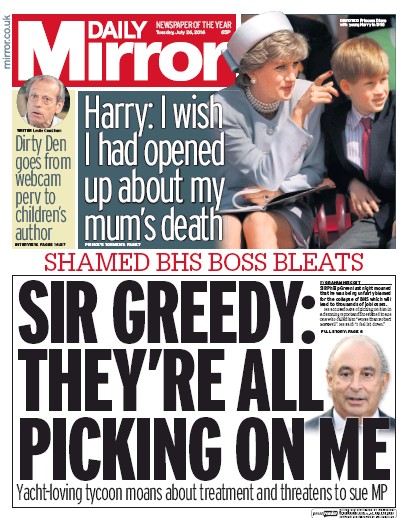 Daily Mirror Newspaper Front Page for 26 July 2016