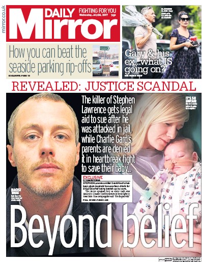 Daily Mirror Newspaper Front Page for 26 July 2017