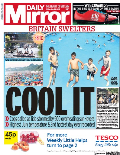 Daily Mirror Newspaper Front Page for 26 July 2019