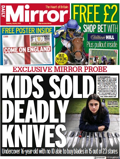Daily Mirror Newspaper Front Page for 26 July 2022