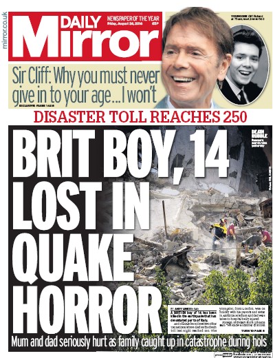 Daily Mirror Newspaper Front Page for 26 August 2016