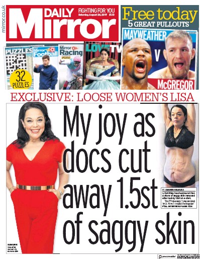 Daily Mirror Newspaper Front Page for 26 August 2017
