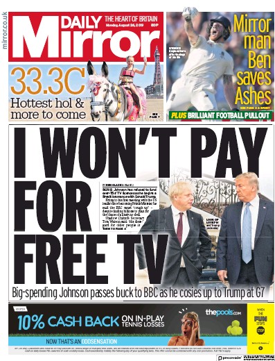 Daily Mirror Newspaper Front Page for 26 August 2019