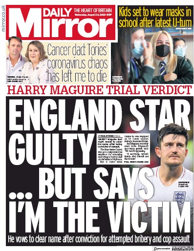 Daily Mirror Newspaper Front Page for 26 August 2020