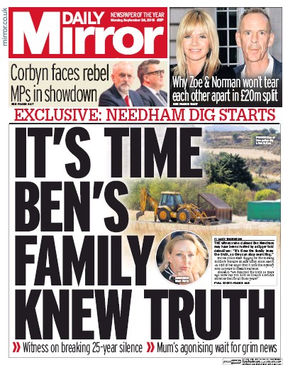 Daily Mirror Newspaper Front Page for 26 September 2016