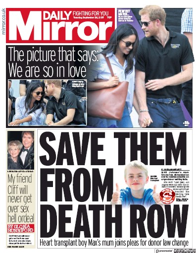 Daily Mirror Newspaper Front Page for 26 September 2017