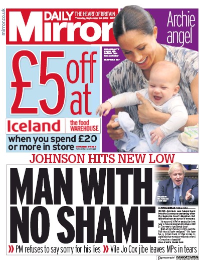 Daily Mirror Newspaper Front Page for 26 September 2019