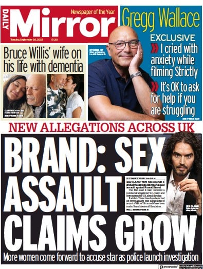 Daily Mirror Newspaper Front Page for 26 September 2023