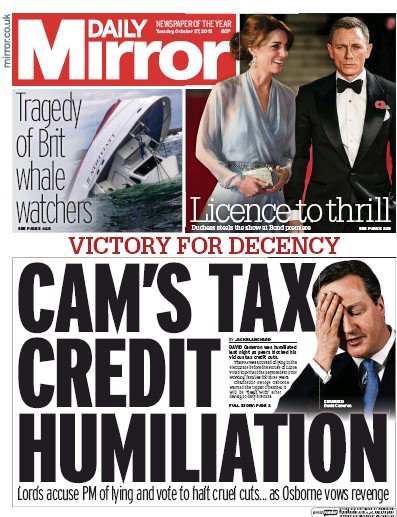 Daily Mirror Newspaper Front Page for 27 October 2015