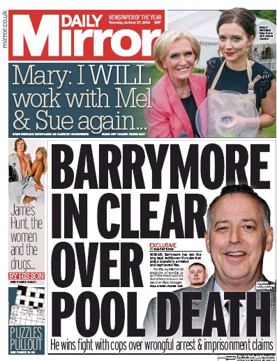 Daily Mirror Newspaper Front Page for 27 October 2016