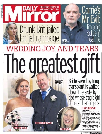 Daily Mirror Newspaper Front Page for 27 October 2017