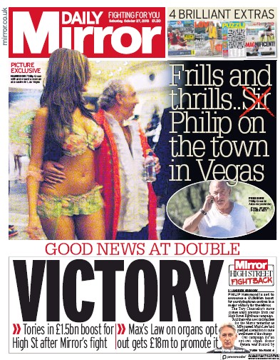 Daily Mirror Newspaper Front Page for 27 October 2018