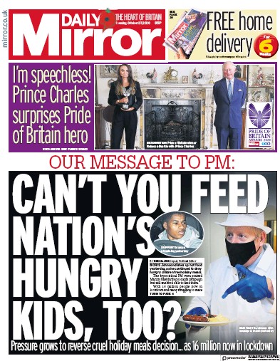Daily Mirror Newspaper Front Page for 27 October 2020