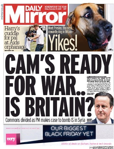 Daily Mirror Newspaper Front Page for 27 November 2015