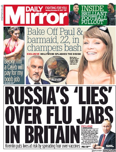 Daily Mirror Newspaper Front Page for 27 November 2017