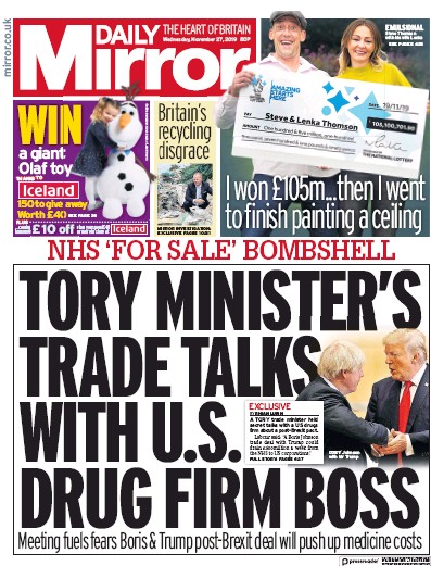 Daily Mirror Newspaper Front Page for 27 November 2019