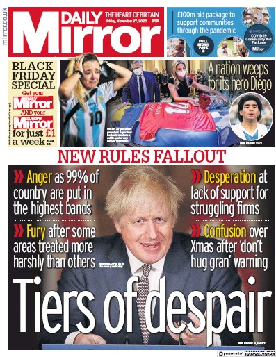 Daily Mirror (UK) Newspaper Front Page for 27 November 2020