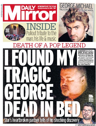 Daily Mirror Newspaper Front Page for 27 December 2016