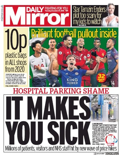 Daily Mirror Newspaper Front Page for 27 December 2018