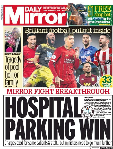 Daily Mirror Newspaper Front Page for 27 December 2019