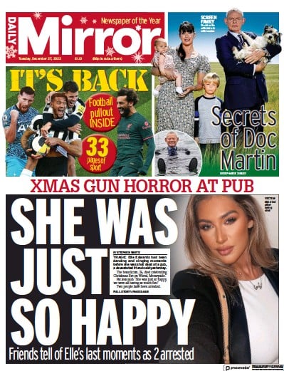 Daily Mirror (UK) Newspaper Front Page for 27 December 2022