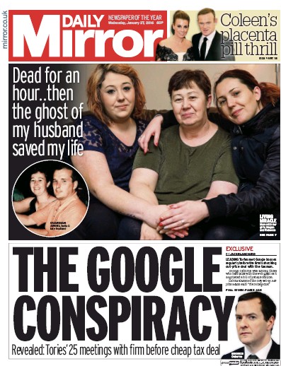 Daily Mirror Newspaper Front Page for 27 January 2016