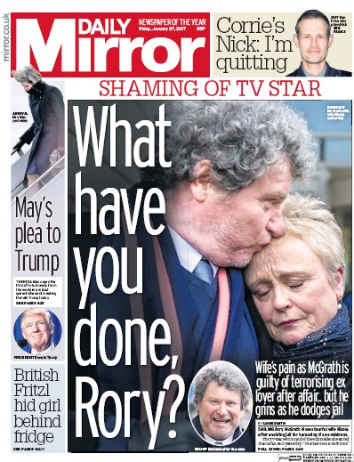 Daily Mirror Newspaper Front Page for 27 January 2017