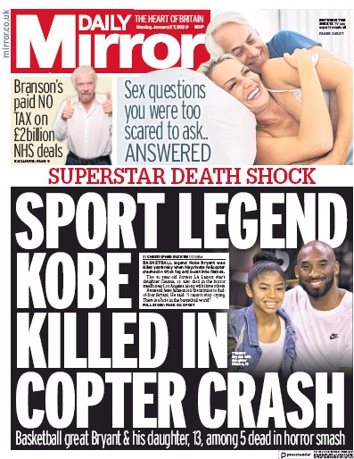 Daily Mirror Newspaper Front Page for 27 January 2020