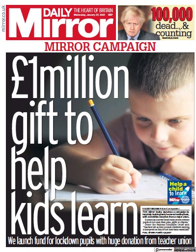 Daily Mirror Newspaper Front Page for 27 January 2021