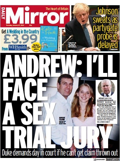 Daily Mirror (UK) Newspaper Front Page for 27 January 2022