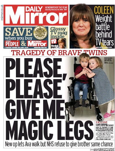Daily Mirror Newspaper Front Page for 27 February 2016