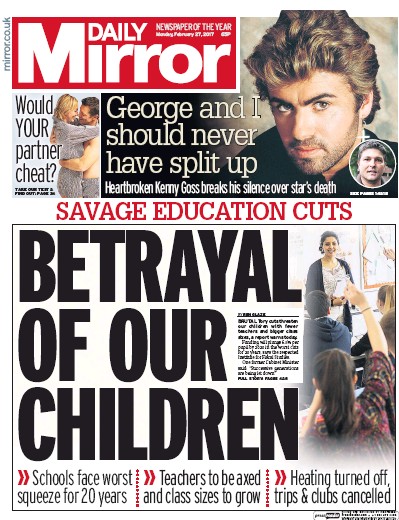 Daily Mirror Newspaper Front Page for 27 February 2017