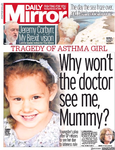 Daily Mirror Newspaper Front Page for 27 February 2018