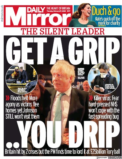 Daily Mirror Newspaper Front Page for 27 February 2020