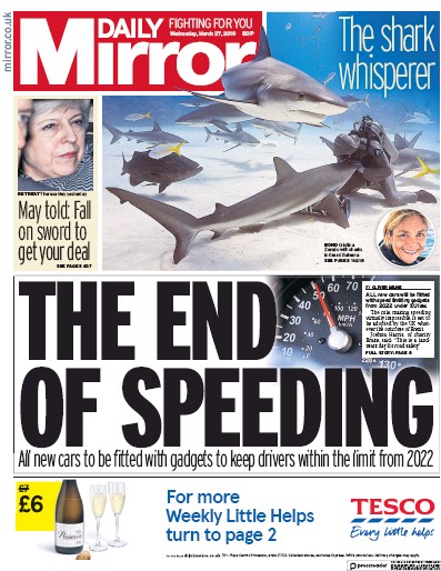 Daily Mirror Newspaper Front Page for 27 March 2019