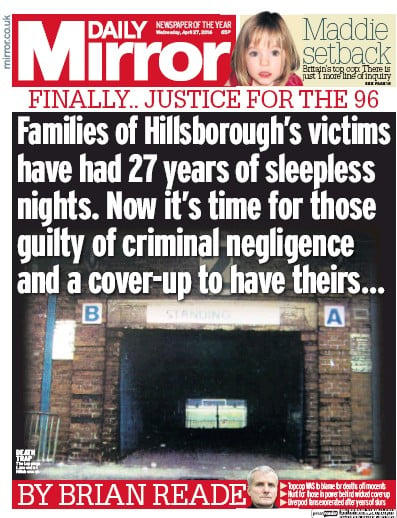 Daily Mirror Newspaper Front Page for 27 April 2016
