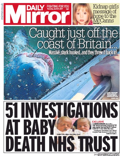 Daily Mirror Newspaper Front Page for 27 April 2017