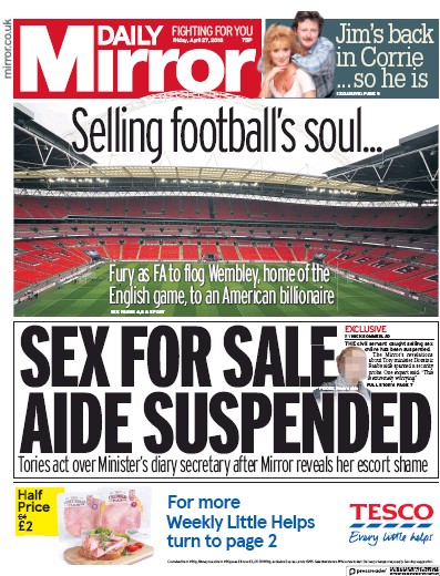 Daily Mirror Newspaper Front Page for 27 April 2018